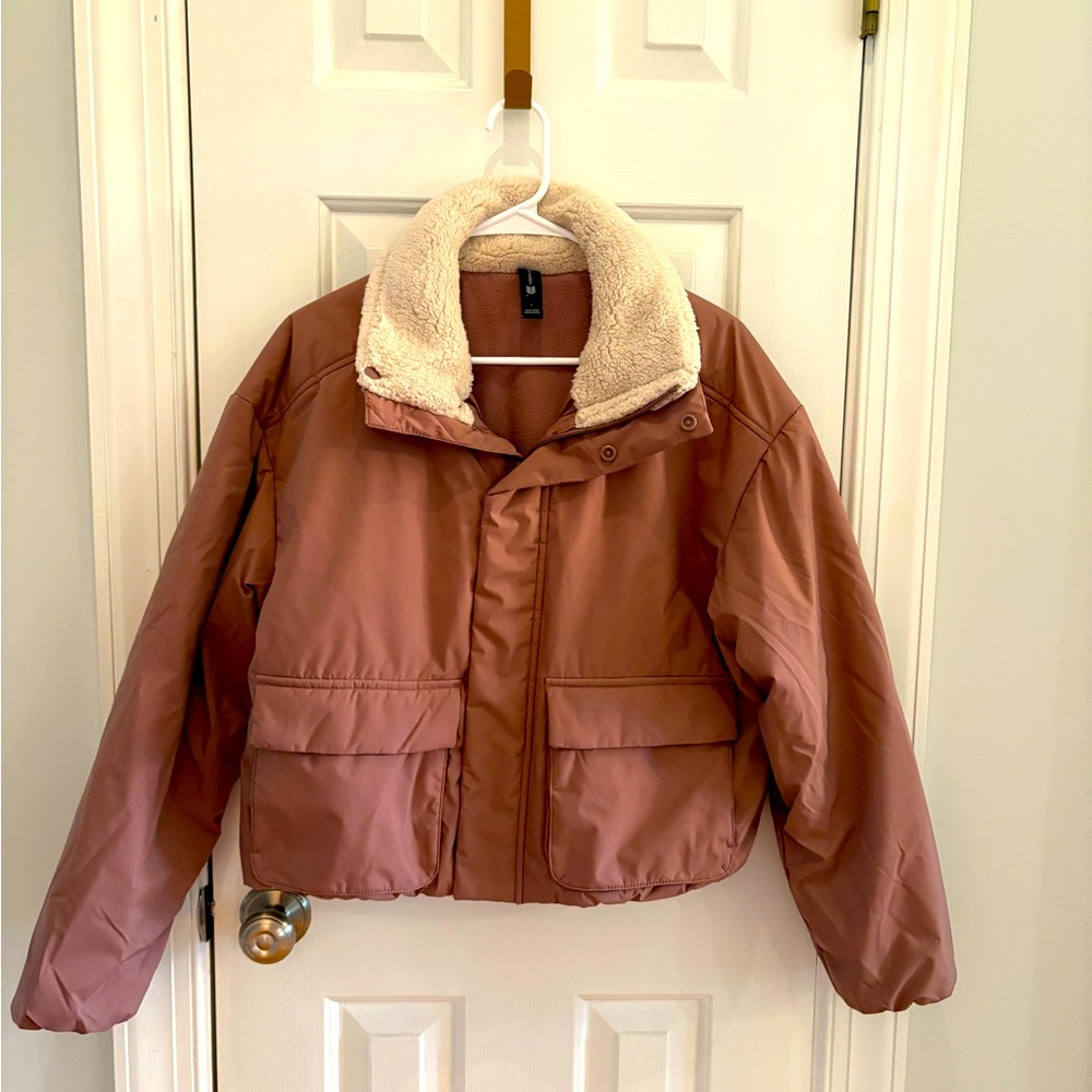 Women's Mauve Puffer Jacket with Cream Faux Sherpa Collar